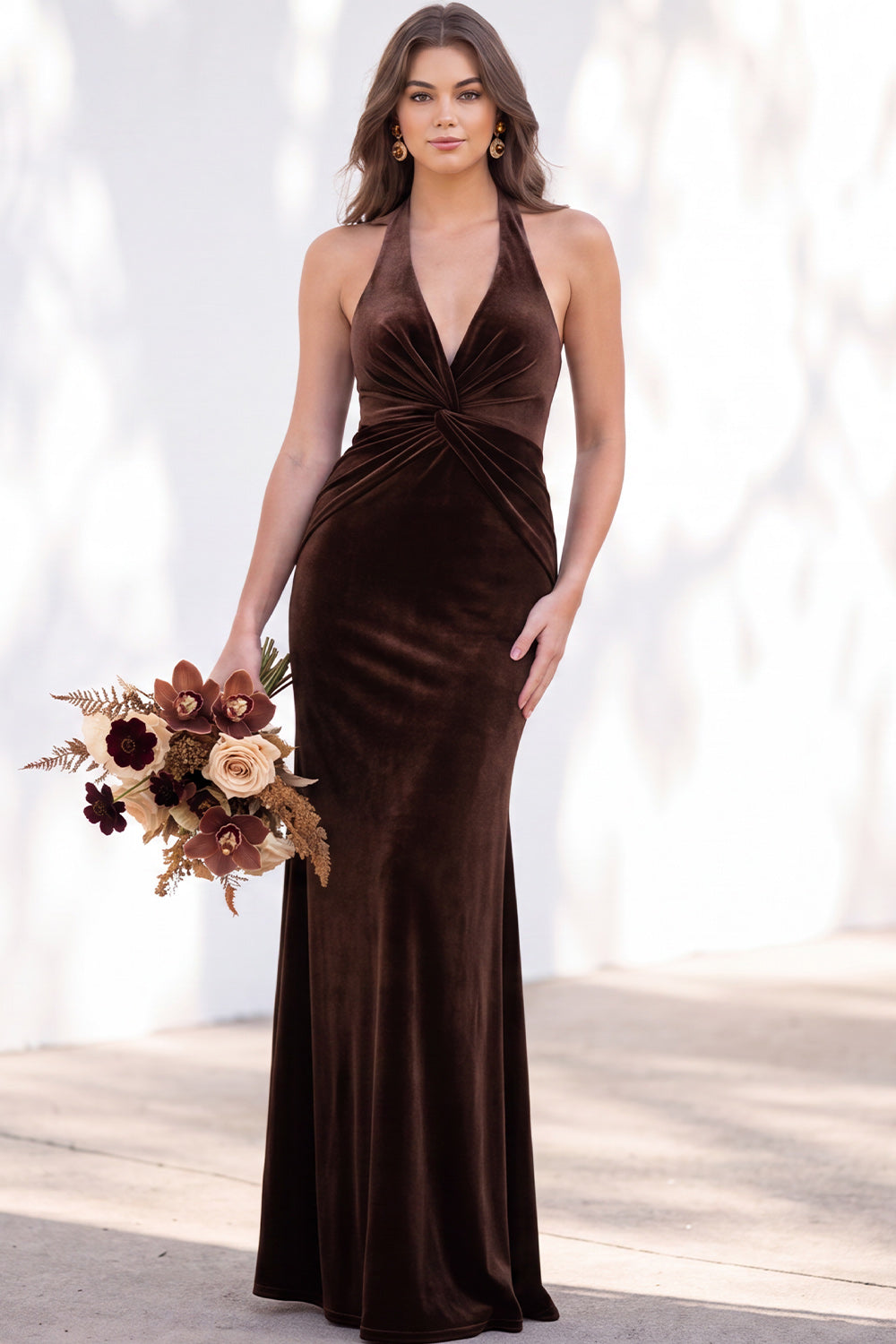 Terracotta Velvet Mermaid Halter Ruched Long Wedding Guest Dress