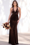 Terracotta Velvet Mermaid Halter Ruched Long Wedding Guest Dress