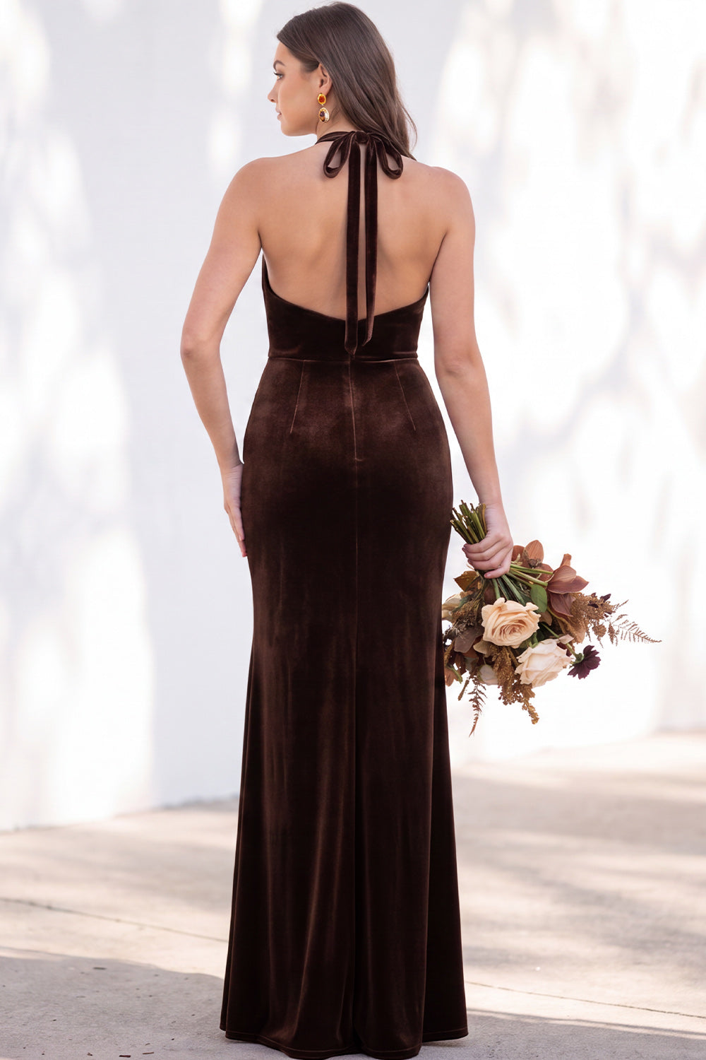 Terracotta Velvet Mermaid Halter Ruched Long Wedding Guest Dress