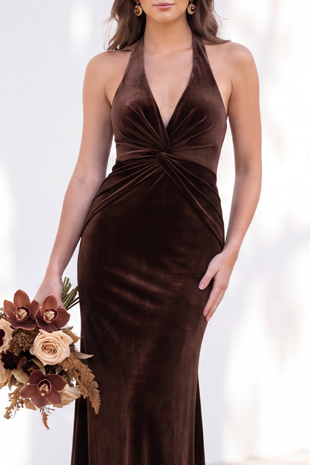 Terracotta Velvet Mermaid Halter Ruched Long Wedding Guest Dress