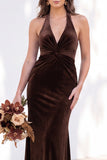 Terracotta Velvet Mermaid Halter Ruched Long Wedding Guest Dress