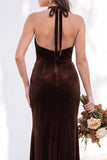 Terracotta Velvet Mermaid Halter Ruched Long Wedding Guest Dress