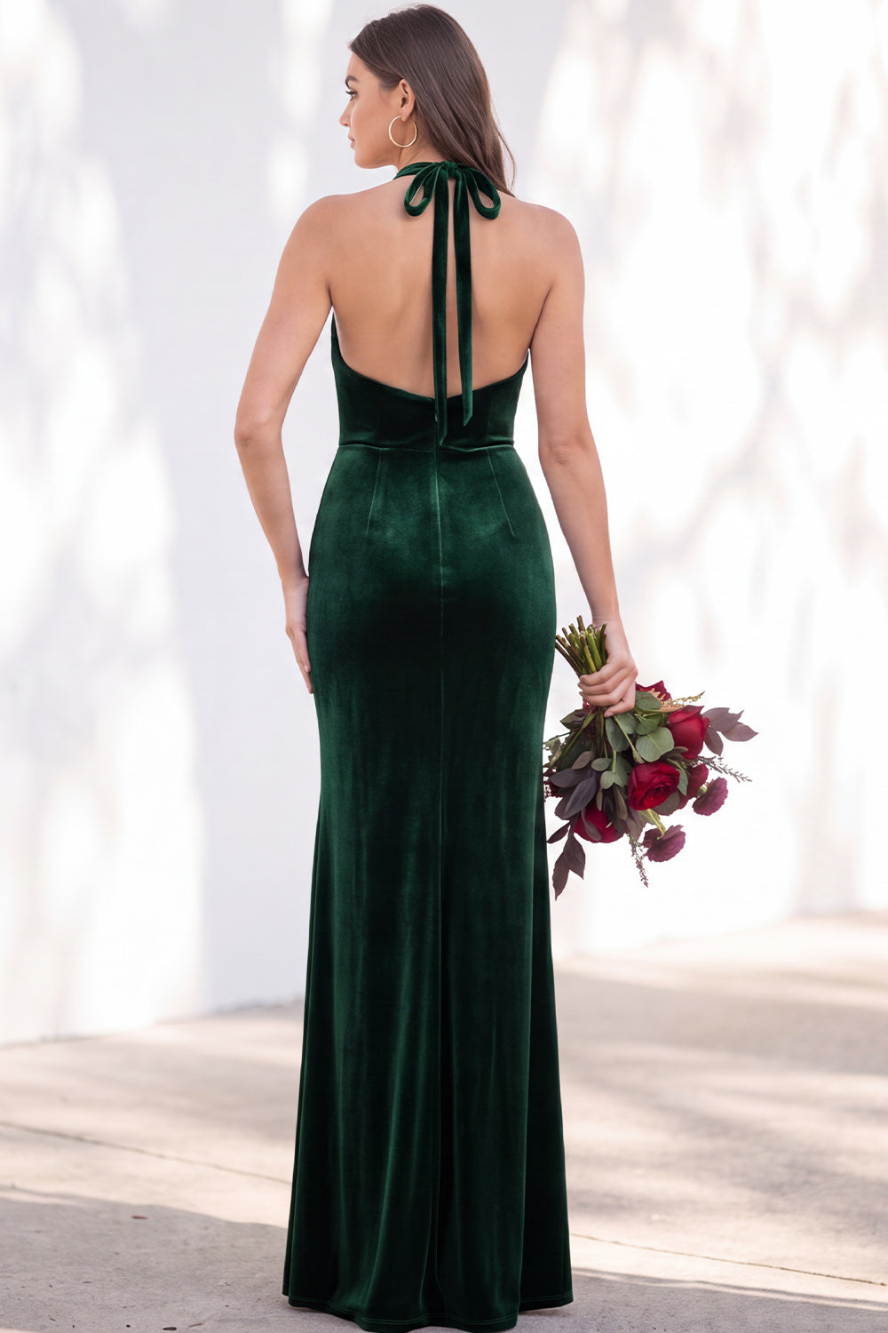 Terracotta Velvet Mermaid Halter Ruched Long Wedding Guest Dress