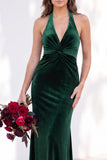 Terracotta Velvet Mermaid Halter Ruched Long Wedding Guest Dress