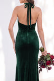 Terracotta Velvet Mermaid Halter Ruched Long Wedding Guest Dress