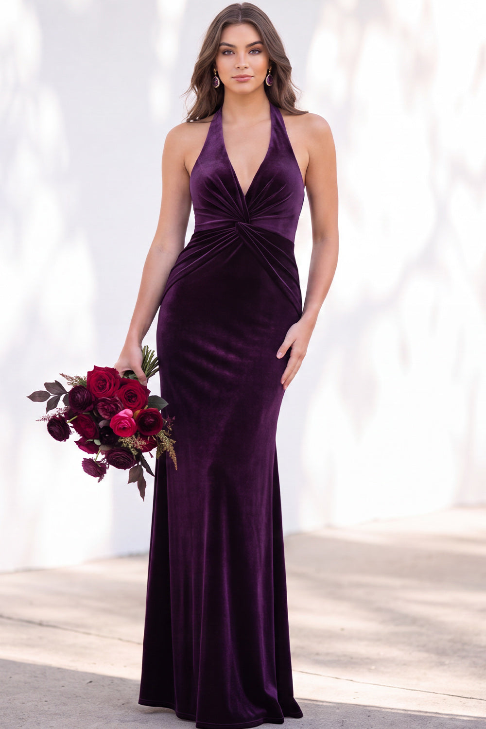 Terracotta Velvet Mermaid Halter Ruched Long Wedding Guest Dress