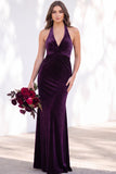 Terracotta Velvet Mermaid Halter Ruched Long Wedding Guest Dress