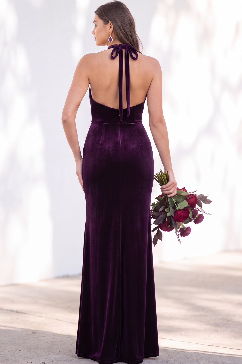 Terracotta Velvet Mermaid Halter Ruched Long Wedding Guest Dress