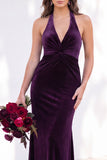 Terracotta Velvet Mermaid Halter Ruched Long Wedding Guest Dress