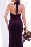 Terracotta Velvet Mermaid Halter Ruched Long Wedding Guest Dress