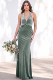 Terracotta Velvet Mermaid Halter Ruched Long Wedding Guest Dress