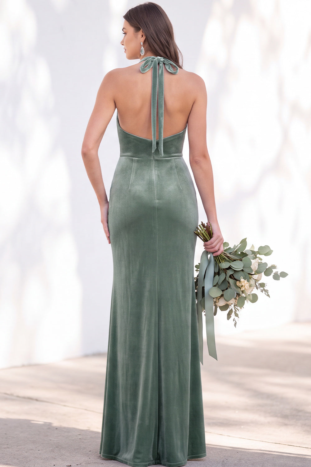 Terracotta Velvet Mermaid Halter Ruched Long Wedding Guest Dress