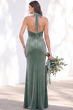 Terracotta Velvet Mermaid Halter Ruched Long Wedding Guest Dress
