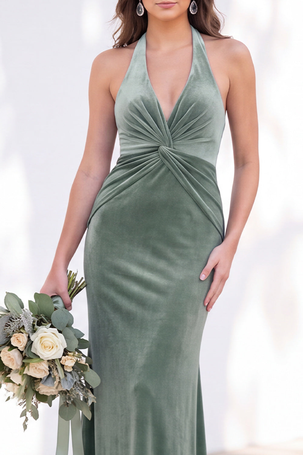 Terracotta Velvet Mermaid Halter Ruched Long Wedding Guest Dress