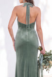 Terracotta Velvet Mermaid Halter Ruched Long Wedding Guest Dress