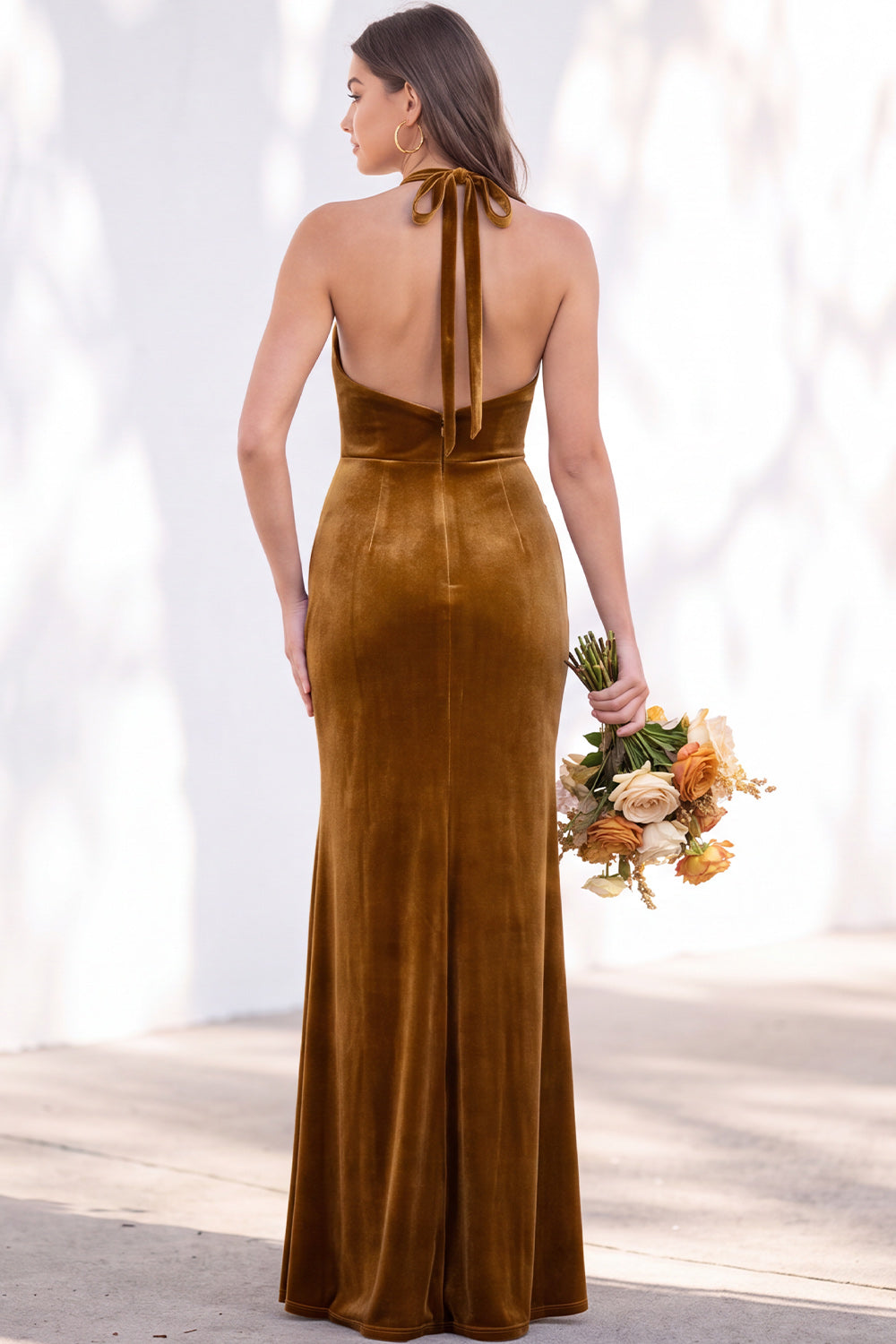 Terracotta Velvet Mermaid Halter Ruched Long Wedding Guest Dress