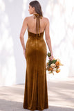 Terracotta Velvet Mermaid Halter Ruched Long Wedding Guest Dress