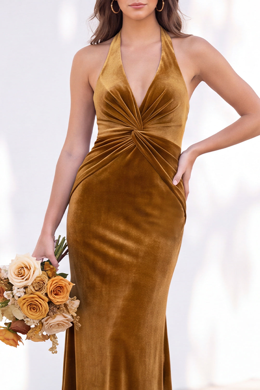Terracotta Velvet Mermaid Halter Ruched Long Wedding Guest Dress