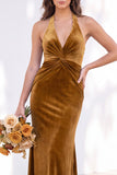 Terracotta Velvet Mermaid Halter Ruched Long Wedding Guest Dress