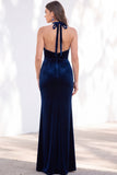 Terracotta Velvet Mermaid Halter Ruched Long Wedding Guest Dress