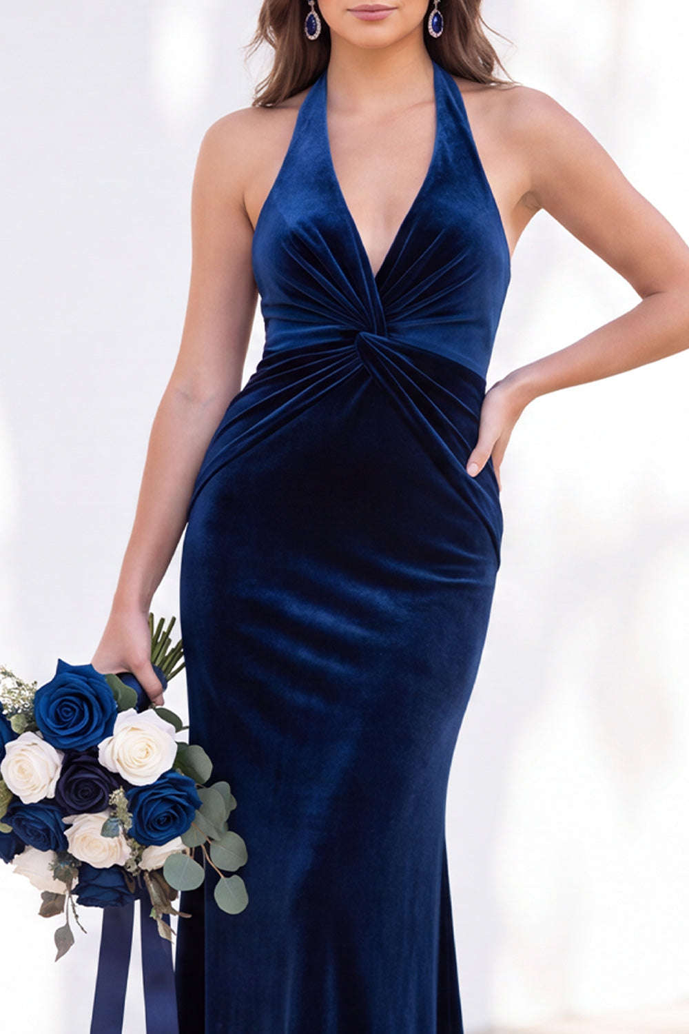 Terracotta Velvet Mermaid Halter Ruched Long Wedding Guest Dress