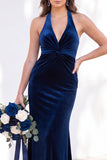 Terracotta Velvet Mermaid Halter Ruched Long Wedding Guest Dress