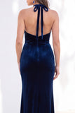 Terracotta Velvet Mermaid Halter Ruched Long Wedding Guest Dress