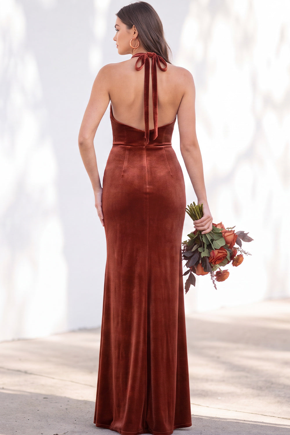 Terracotta Velvet Mermaid Halter Ruched Long Wedding Guest Dress