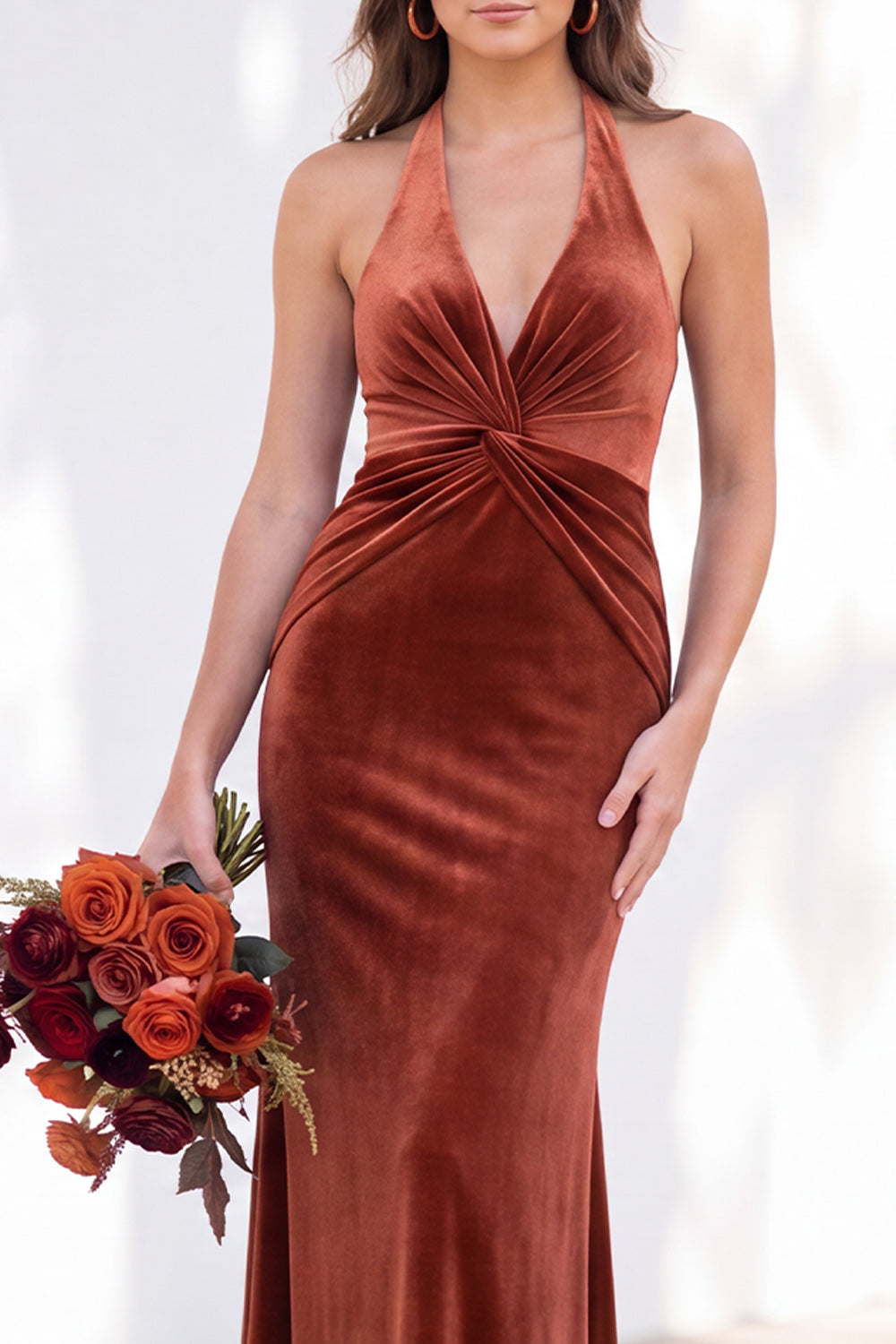 Terracotta Velvet Mermaid Halter Ruched Long Wedding Guest Dress