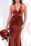 Terracotta Velvet Mermaid Halter Ruched Long Wedding Guest Dress