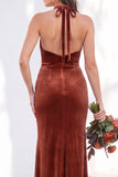 Terracotta Velvet Mermaid Halter Ruched Long Wedding Guest Dress
