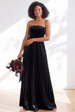Dark Green Velvet Strapless Long Pleated Wedding Guest Dress