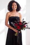 Dark Green Velvet Strapless Long Pleated Wedding Guest Dress