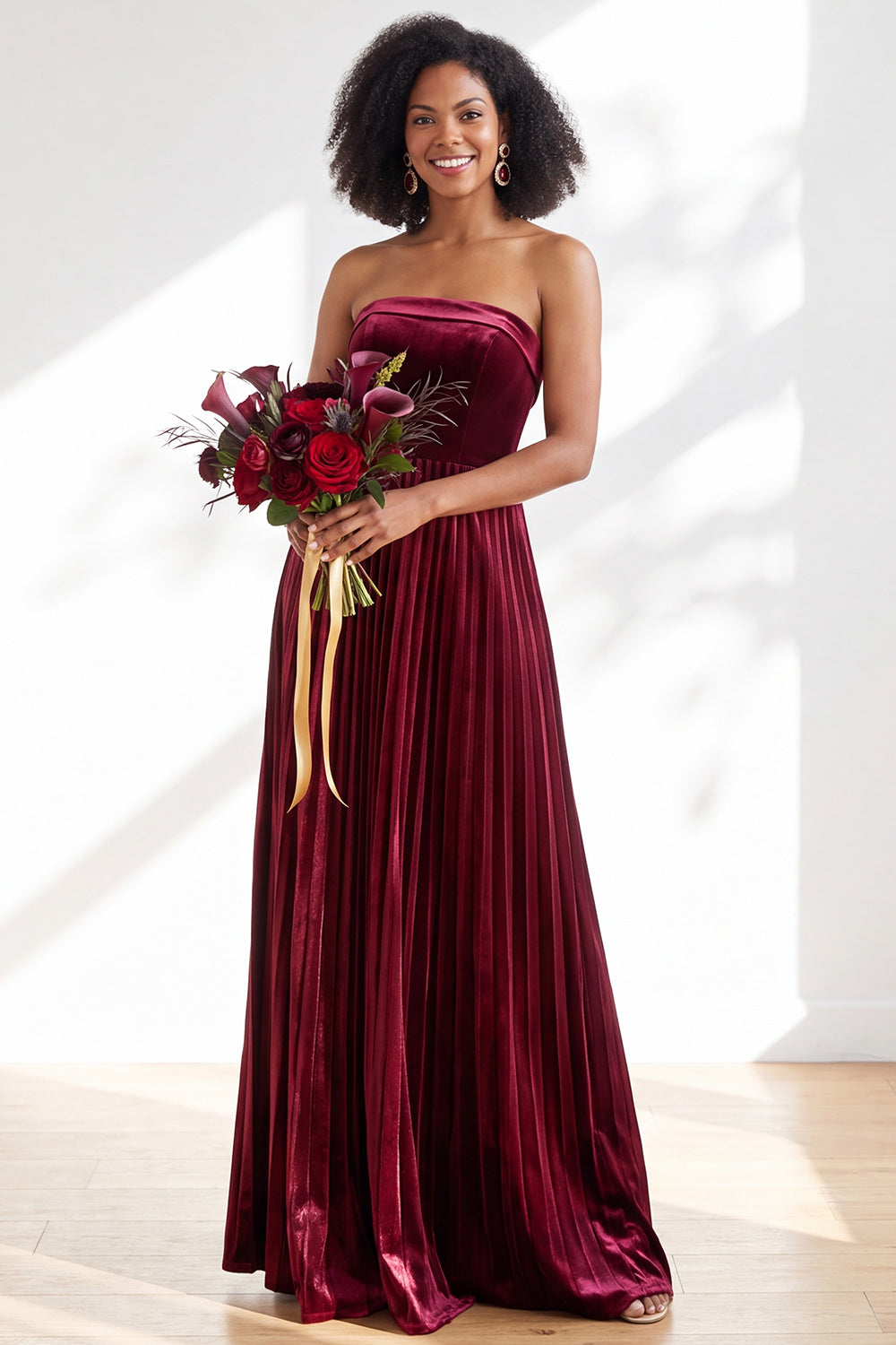 Dark Green Velvet Strapless Long Pleated Wedding Guest Dress