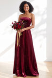 Dark Green Velvet Strapless Long Pleated Wedding Guest Dress