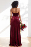 Dark Green Velvet Strapless Long Pleated Wedding Guest Dress