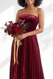 Dark Green Velvet Strapless Long Pleated Wedding Guest Dress