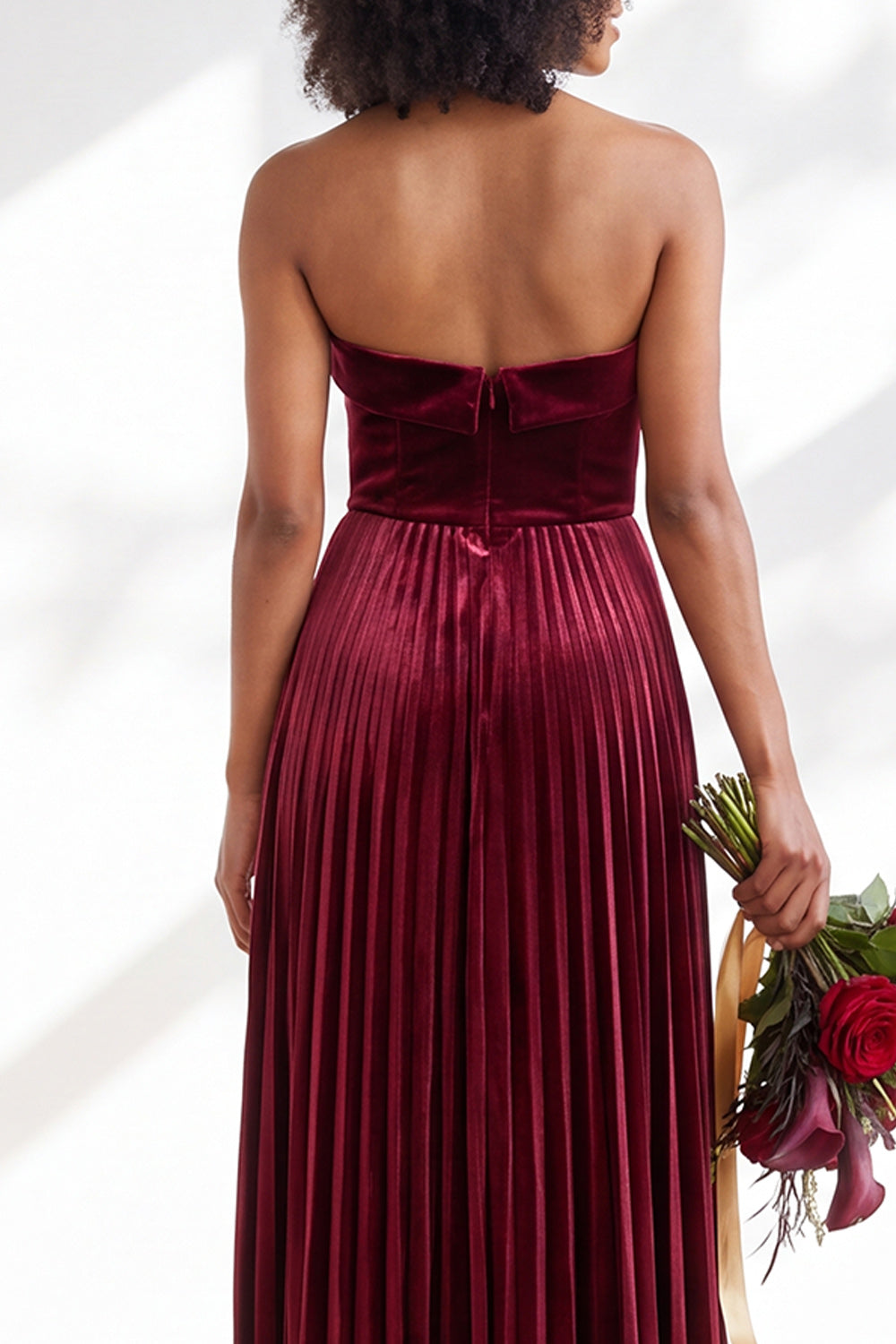 Dark Green Velvet Strapless Long Pleated Wedding Guest Dress