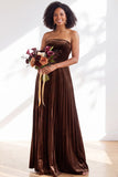 Dark Green Velvet Strapless Long Pleated Wedding Guest Dress