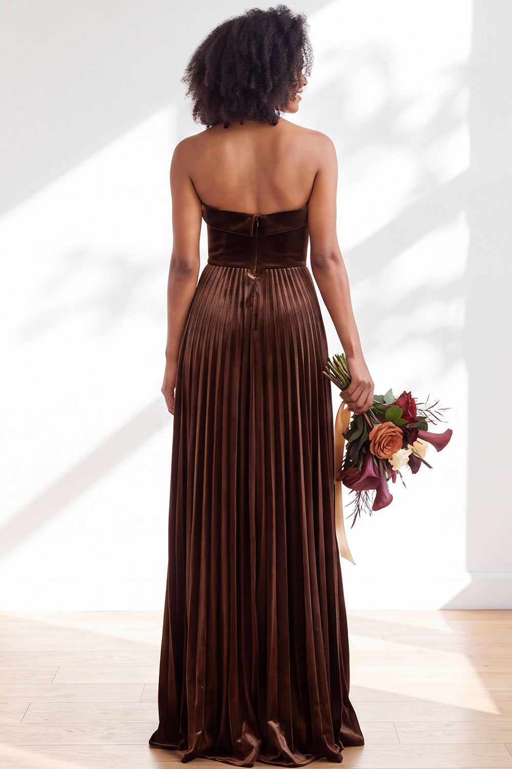 Dark Green Velvet Strapless Long Pleated Wedding Guest Dress