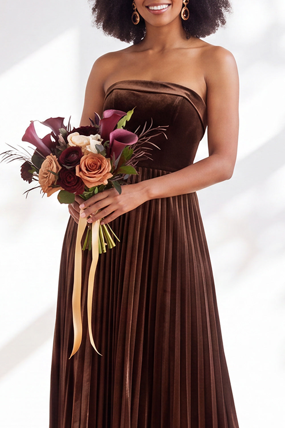Dark Green Velvet Strapless Long Pleated Wedding Guest Dress