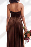 Dark Green Velvet Strapless Long Pleated Wedding Guest Dress
