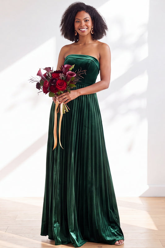 Dark Green Velvet Strapless Long Pleated Wedding Guest Dress