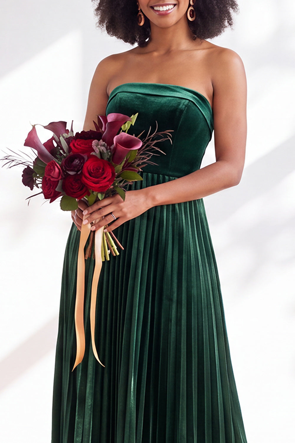 Dark Green Velvet Strapless Long Pleated Wedding Guest Dress