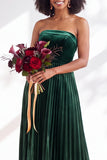 Dark Green Velvet Strapless Long Pleated Wedding Guest Dress