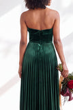 Dark Green Velvet Strapless Long Pleated Wedding Guest Dress
