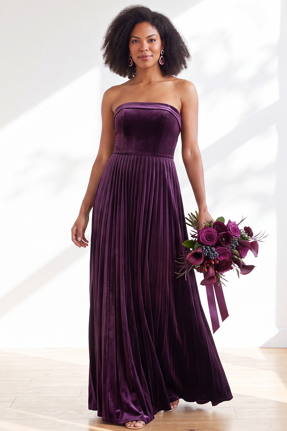 Dark Green Velvet Strapless Long Pleated Wedding Guest Dress