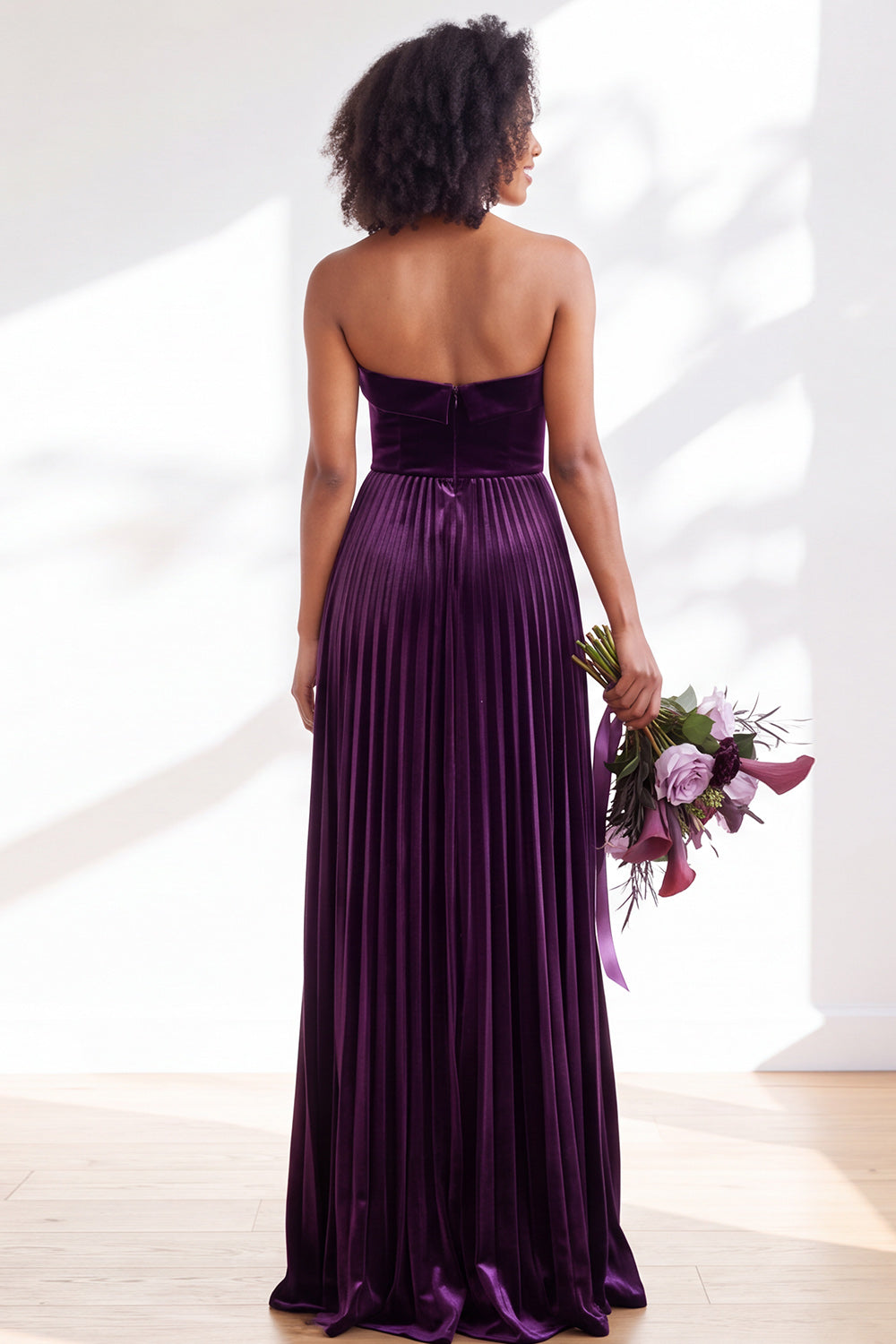 Dark Green Velvet Strapless Long Pleated Wedding Guest Dress