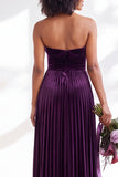 Dark Green Velvet Strapless Long Pleated Wedding Guest Dress