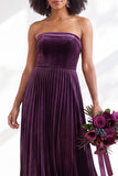 Dark Green Velvet Strapless Long Pleated Wedding Guest Dress